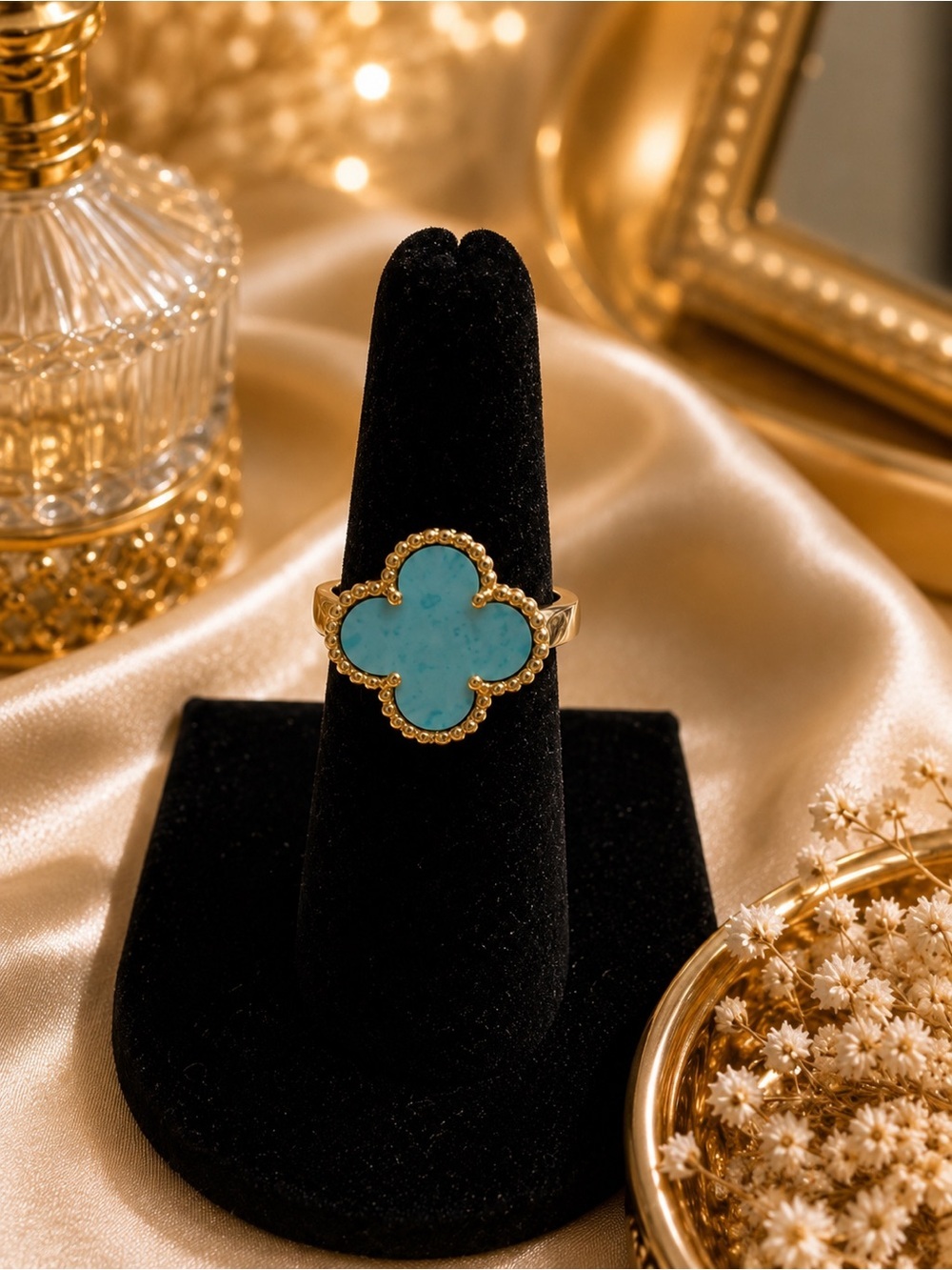 Turquoise Clover Statement Ring | Size 7 | Gold-Tone